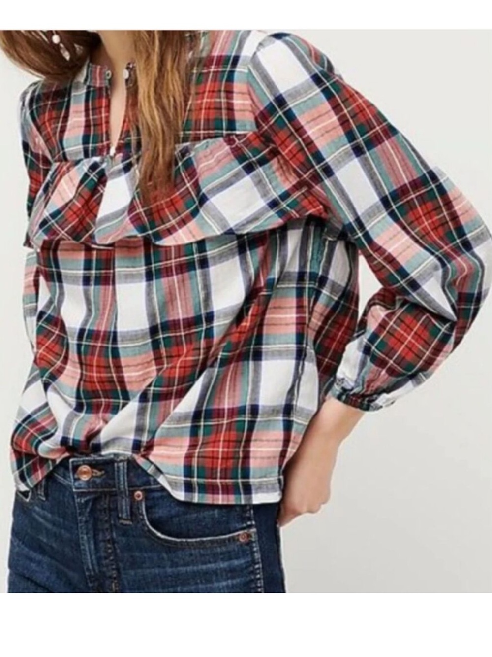 J. Crew Red, White & Green Tartan Plaid Ruffle Yoke Small Blouse